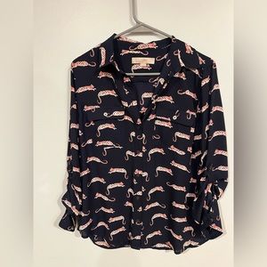 Navy Blue Ann Taylor Loft Leopard Pattern Blouse